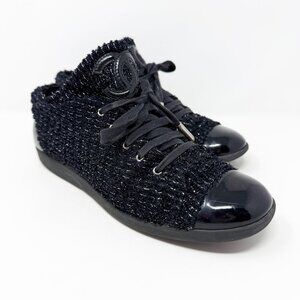 Authentic Chanel Black Tweed Coco Low Top Sneakers Lace Up Women's Size EU 40
